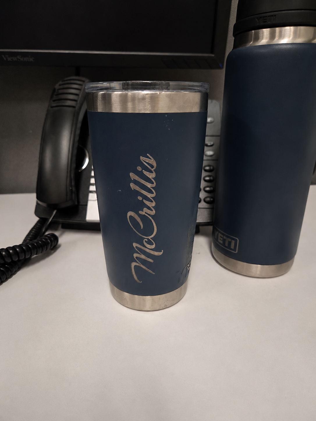 Personalized engraved navy YETI tumbler by Firewood Crafts